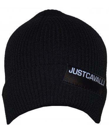 Cavalli Hat Beanie Rib Knit Pu Logo Hem